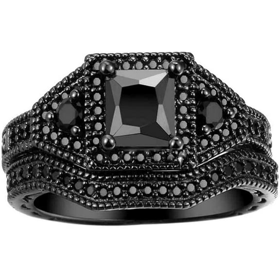 Dreamofdazzles Jewels925 Sterling Silver 2.00 Ct Princess Cut Black Diamond Wedding Engagement Christmas Bridal Ring Set 14K Black Gold Plated For Women's -5