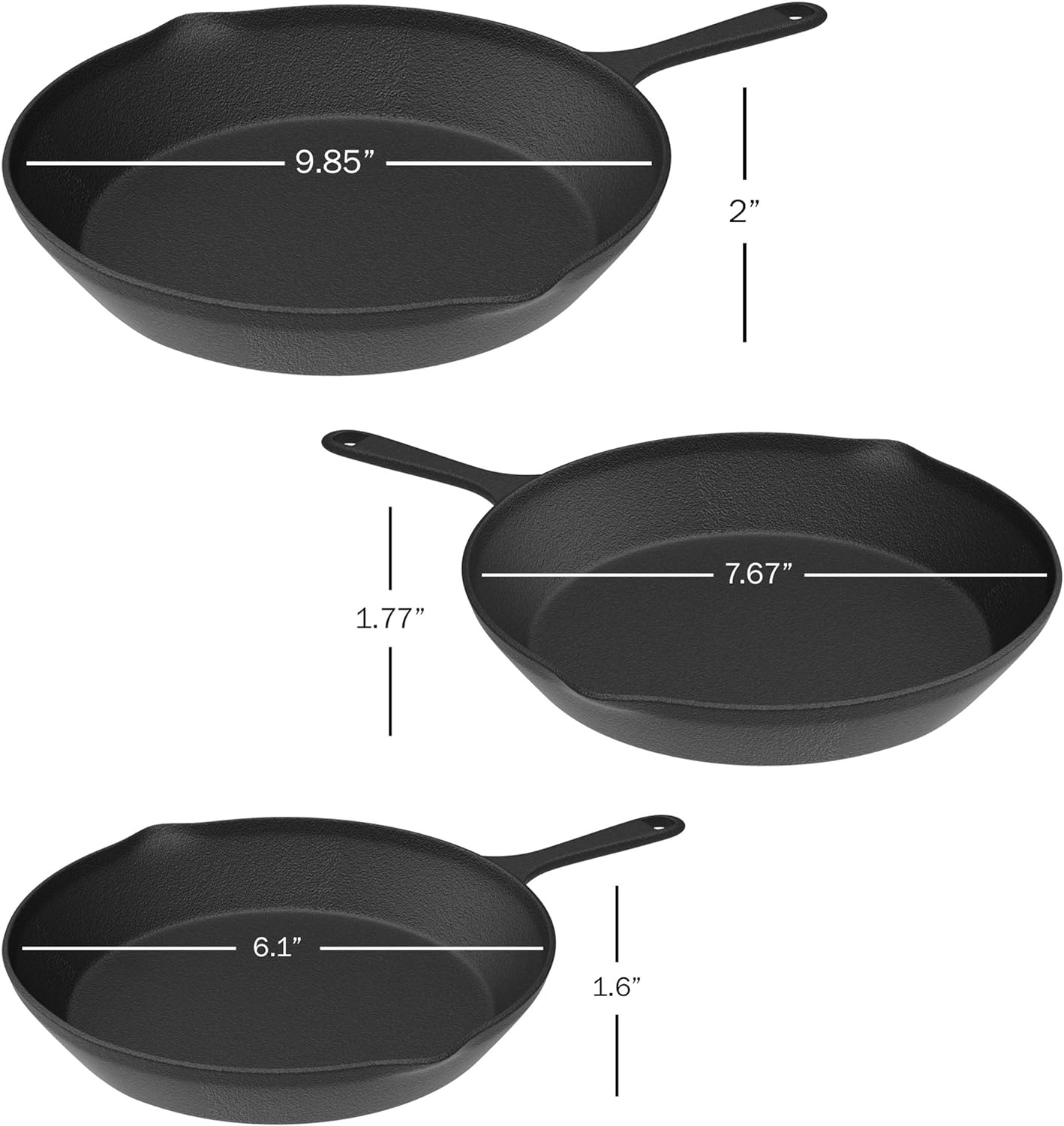 Pre Seasoned Cast Iron Skillets - 3 Pan Set - 9 inches, 8 inches, 6 inches - 1.5 to 2 inches deep - Durable with Strong Handle - Great for both veggies and meat - image 2 of 7