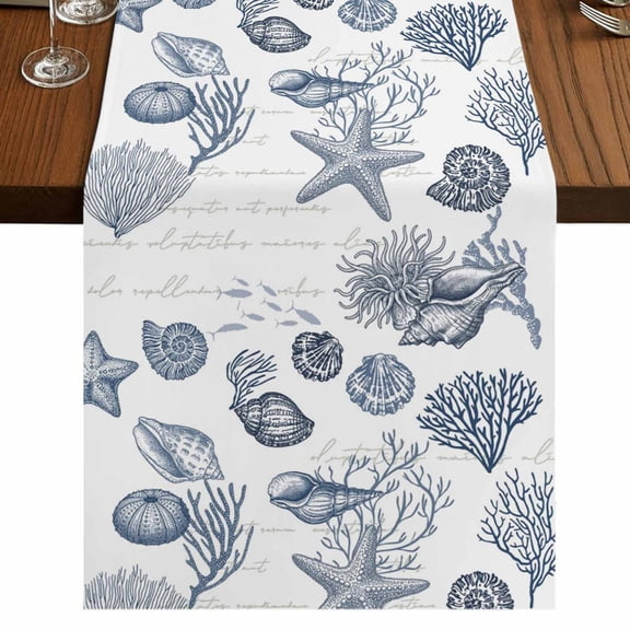Table Runners 108 Inches Long Dress Scarves, Navy Blue Coastal Farmhouse Coffee/Dining/Kitchen Table Runner for Living Room, Nautical Starfish Coral Shell Ocean Summer 13x108 Inch