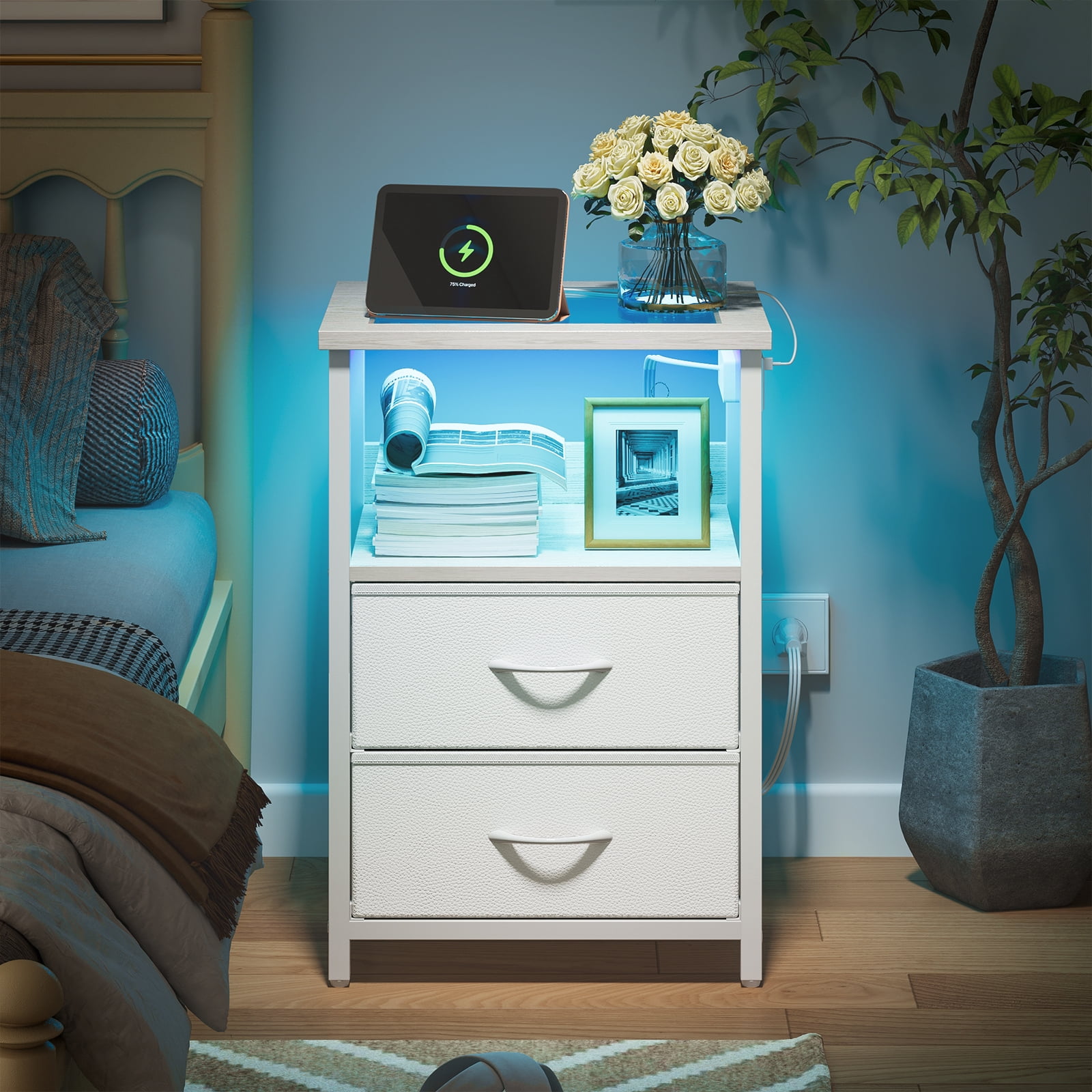 Tomnk LED Nightstand with Charging Station, Modern Bedside Table with Glass Top, USB Ports & Power Outlets, 2 Fabric Drawers Storage End Table for Bedroom, White