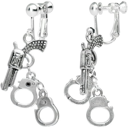 Body Candy Silver Plated Crime Fighter Hand Gun and Handcuffs Dangle Clip On Earrings