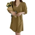 thumbnail image 5 of VONDA 3 Colors Women V-Neck Puff Sleeve Pure Color Casual Loose Mini Dress, 5 of 6