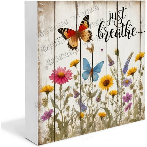 Wild Flower Just Breathe Rustic Farmhouse Wooden Box Sign Desk Decor Decorative Sign for Table Shelf 5"x5"