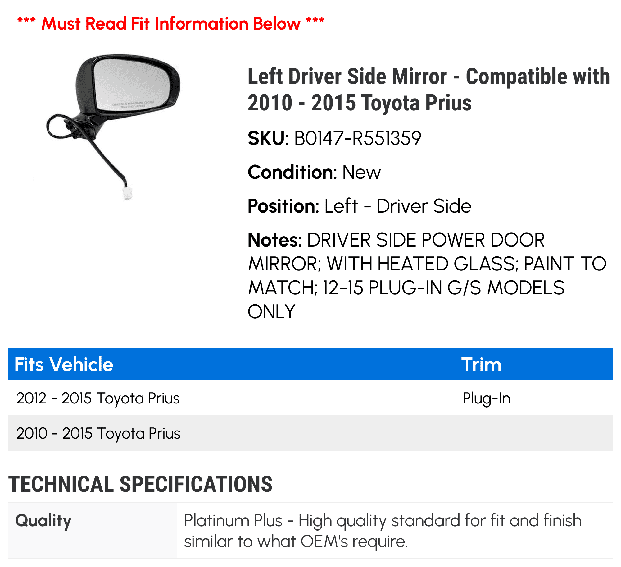 Left Driver Side Mirror - Compatible with 2010 - 2015 Toyota Prius 2011 2012 2013 2014