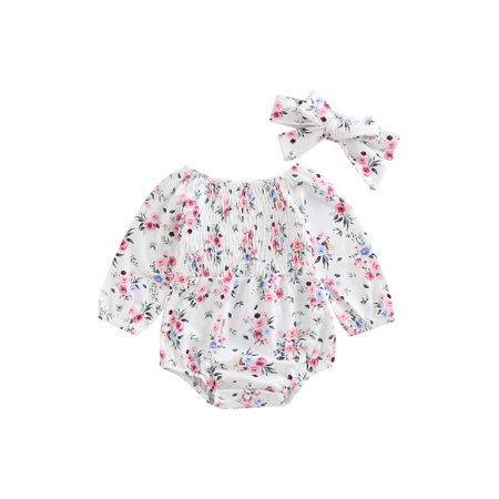

Baby Girl Jumpsuit Floral Print Long Sleeve Romper + Bow Headband