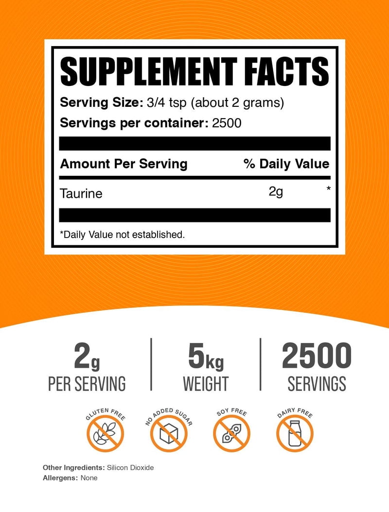BulkSupplements Taurine Powder - Gluten Free, 2g per Serving - 5 Kilograms (11 lbs) - 2500 Servings