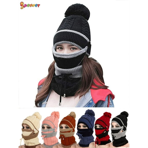 Spencer 3 in 1 Women Winter Warm Knitted Beanie Pompom Hat Cap Scarf Neck Warmer Face Cover Set for Outdoor Activities (Black)