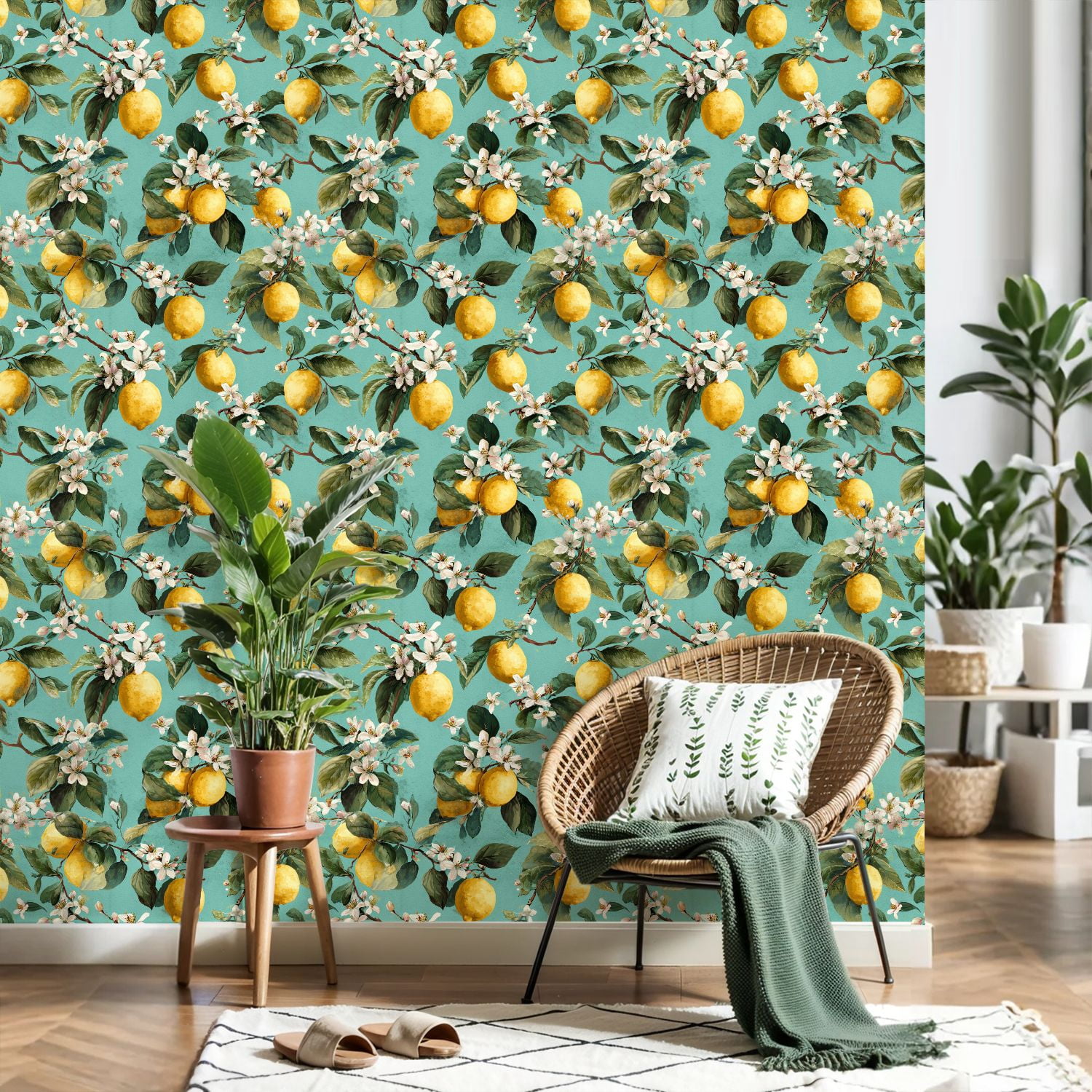 Peel and Stick Wallpaper Seamless Lemon Fruits Floral 24in x 118in Contact Paper Removable Self Adhesive Wall Mural Wall Decor for Bedroom Kitchen Cabinets