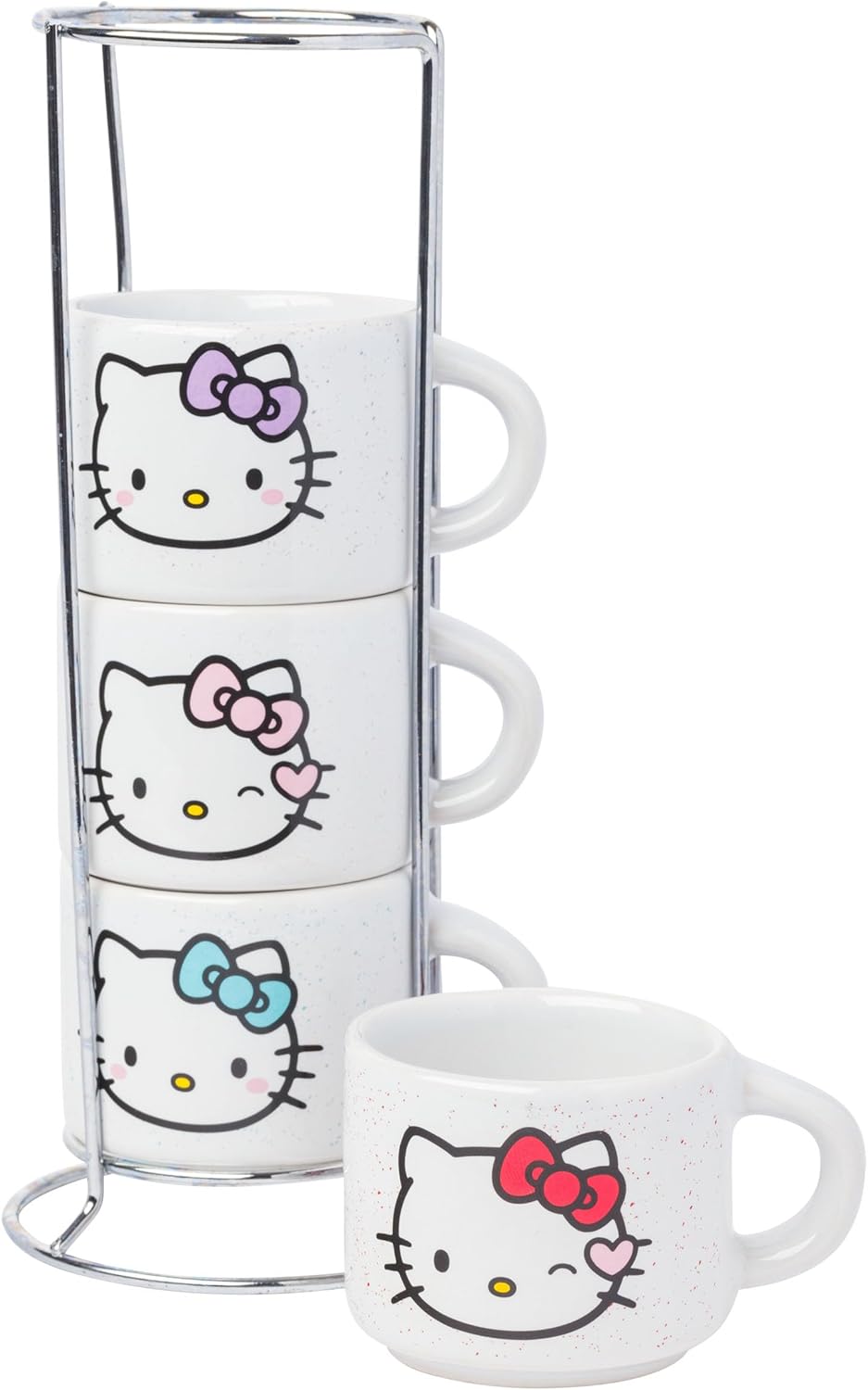 Silver Buffalo Sanrio Hello Kitty Different Colored Bows 4pc Stackable Ceramic Espresso Mug Set with Storage Rack, 3 Ounces