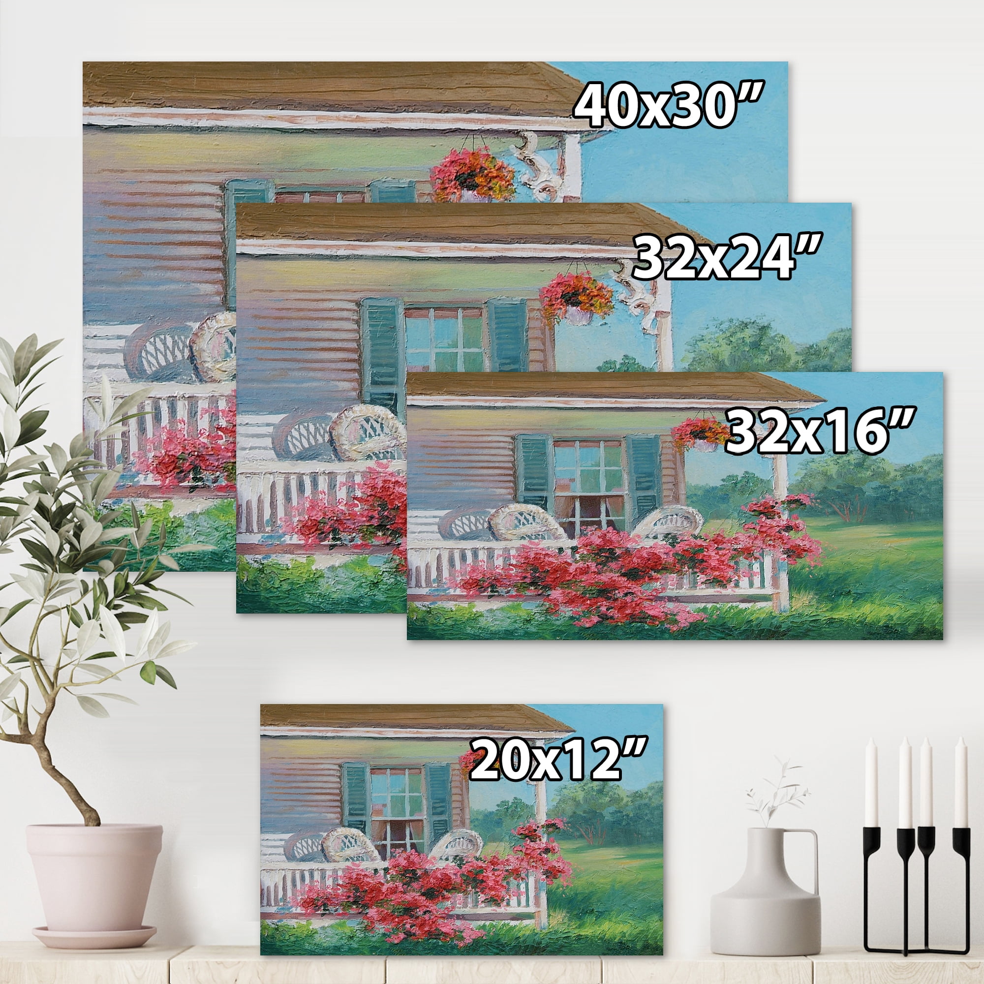Designart ' Patio & Blossiming Red Flowers With Wooden House ' Traditional Canvas Wall Art Print