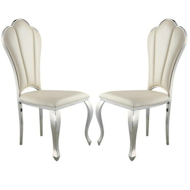 Kuri 23 Inch Dining Chair, Scalloped Back, Vegan Leather, Set of 2, Beige - Saltoro Sherpi