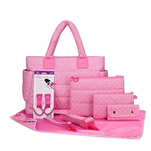 CiPU CT-Bag 2.0 ECO Diaper Bag Tote 9 Piece Combo Set, Pink Polka Dots