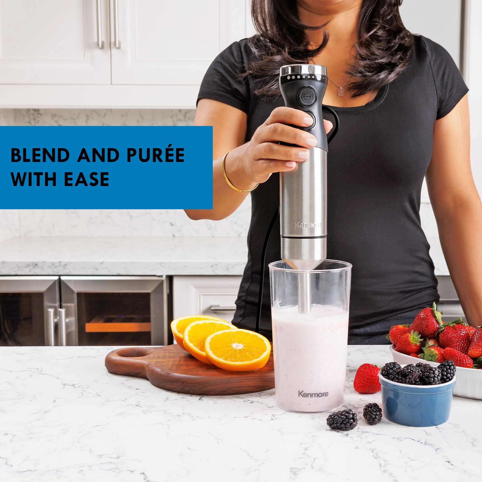 Kenmore Variable Speed Immersion Blender With Food Chopper & Whisk | Hand Blender With Turbo Pulse | Stainless Steel Quad Blades | Handheld Blending Stick | 700mL Beaker & Storage Lid Black & Silver