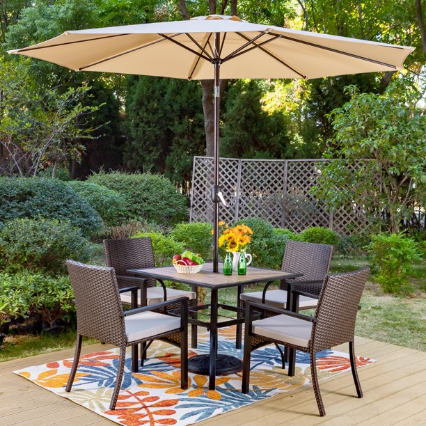 MF Studio 6Piece Outdoor Patio Wicker Dining Set with 10 ft Umbrella
