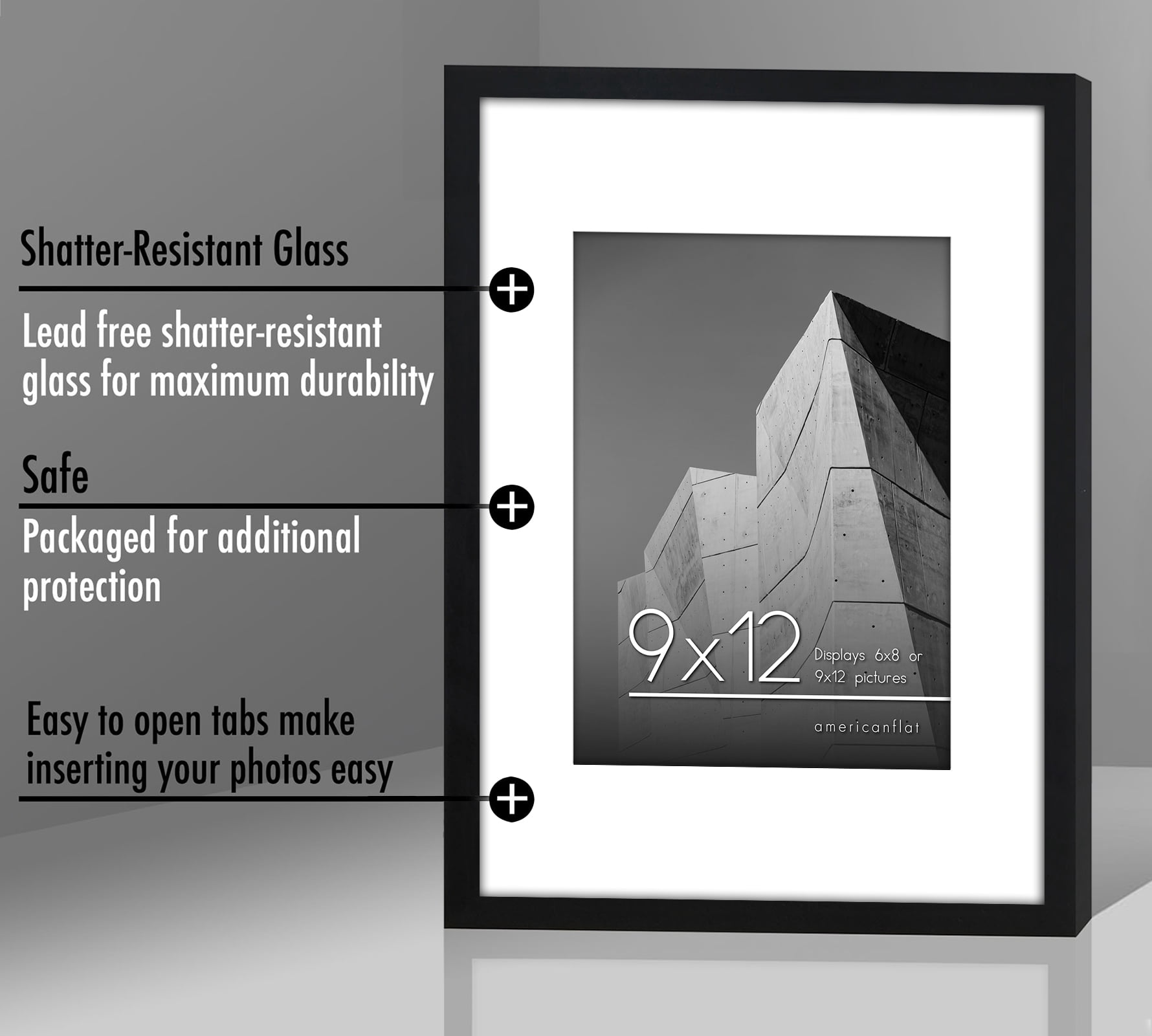 Americanflat 9x12 Picture Frame in Black - Displays 6x8 With Mat and 9x12 Without Mat - Horizontal and Vertical Formats for Wall and Tabletop