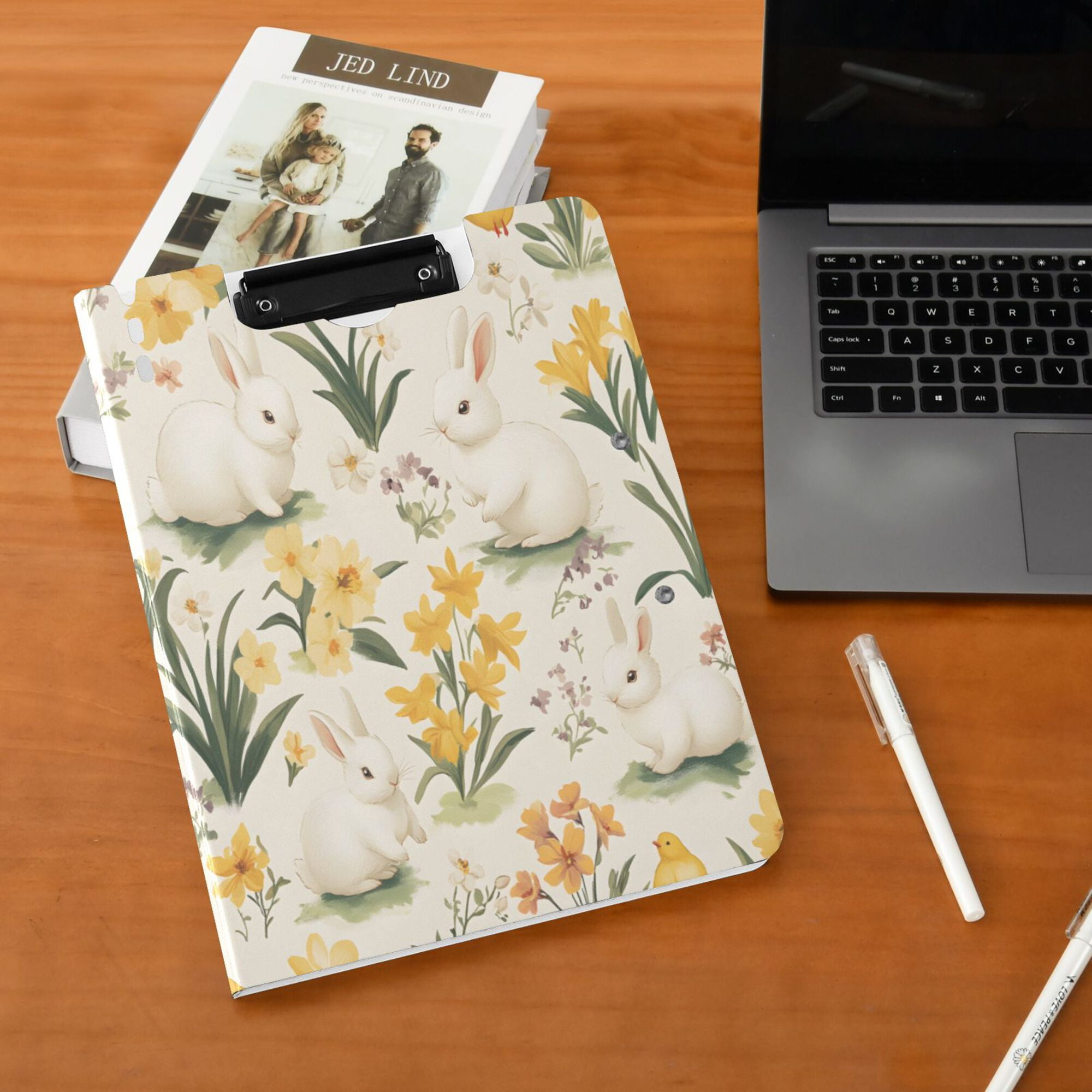 FORMRS A4 Clipboard Folder with Pen Holder Horizontal Foldable School Office Binder, White Rabbits