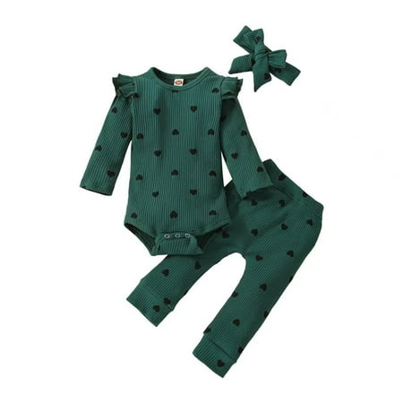 

MHZLDYZ Kids Hawaiian Shirt Girls Newborn 3Pc Set Baby Girl Clothes Infant Girls Outfits Ribbed Ruffled Long Sleeve Love Printed Romper Bodysuit Pants Headband Set (Green 80)