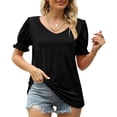 thumbnail image 2 of Bienvenido Women Shirred Puff Sleeve Top V Neck Pure Color Loose Fitting Casual Summer Pullover Shirt Black M, 2 of 6