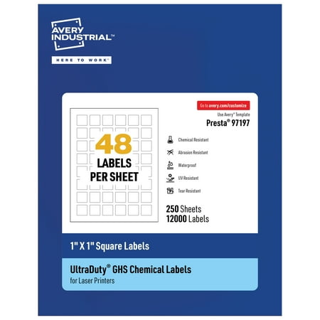 UPC: 0194793901146 | Avery UltraDuty GHS Labels  Waterproof  1 X 1 Inch Square Labels  Pack of 12000 White Labels for Use with Laser Printers