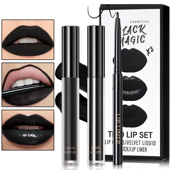 Lápiz labial líquido mate negro 3 en 1 Juego de delineador de labios y lápiz labial negro Brillo de labios mate Brillo de labios de terciopelo hidratante de larga duración Set de regalo de maquillaje