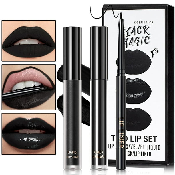 Lápiz labial líquido mate negro 3 en 1 Juego de delineador de labios y lápiz labial negro Brillo de labios mate Brillo de labios de terciopelo hidratante de larga duración Set de regalo de maquillaje