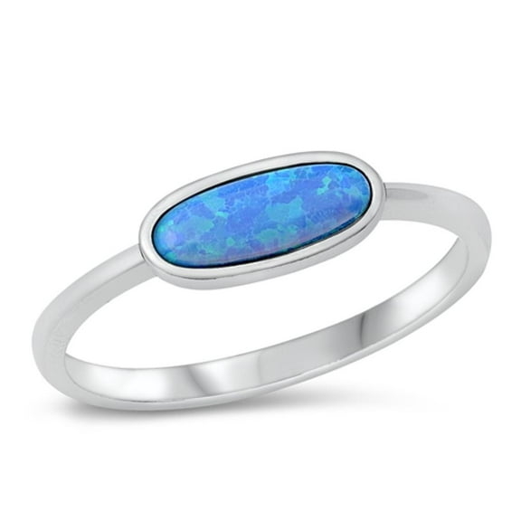 CHOOSE YOUR COLOR Oval Blue Simulated Opal Ring .925 Sterling Silver Band CZ Female Size 7