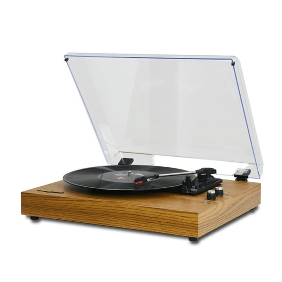 Vintage Wooden Turntable with Dust Cover, MzeliKing Vinyl Record Player Supporting 7/10/12-inch Records, 33/45/78 RPM Speeds, Bluetooth 5.3, RCA Output, Built-in Dual Speakers - Yellow Wood Finish,