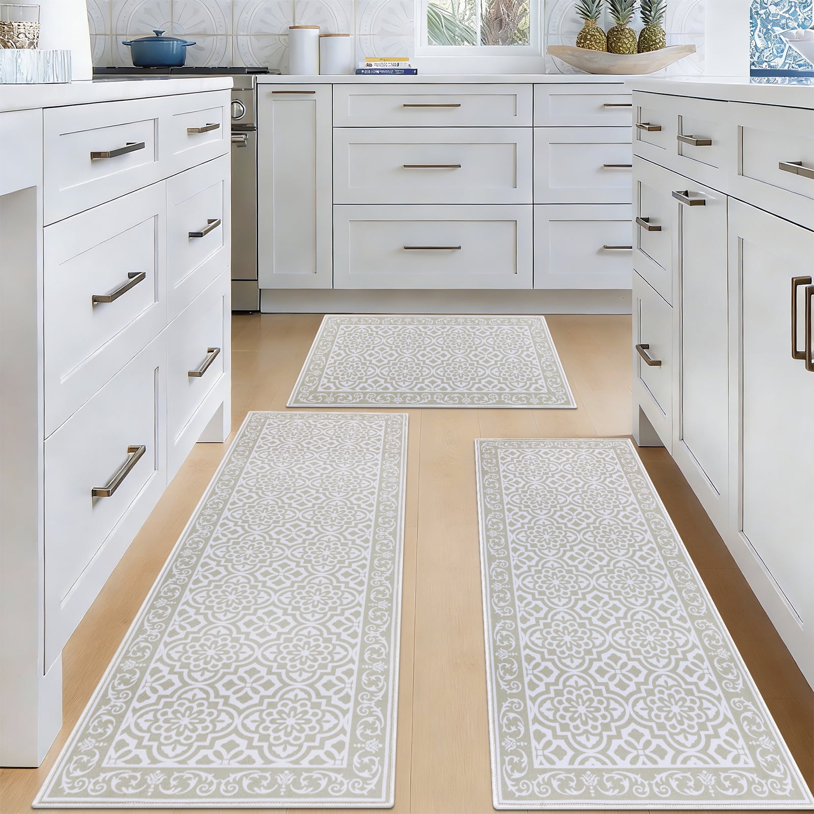 MeyJey Kitchen Rug Set 3 Piece, Non Slip Machine Washable Mats for Home Floor and Living Room, Beige