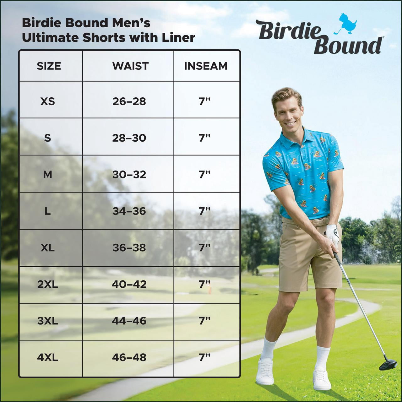 Birdie Bound Men's Ultimate Golf Shorts with Built In Printed Liner, 7" Inseam, Sizes XS-4XL