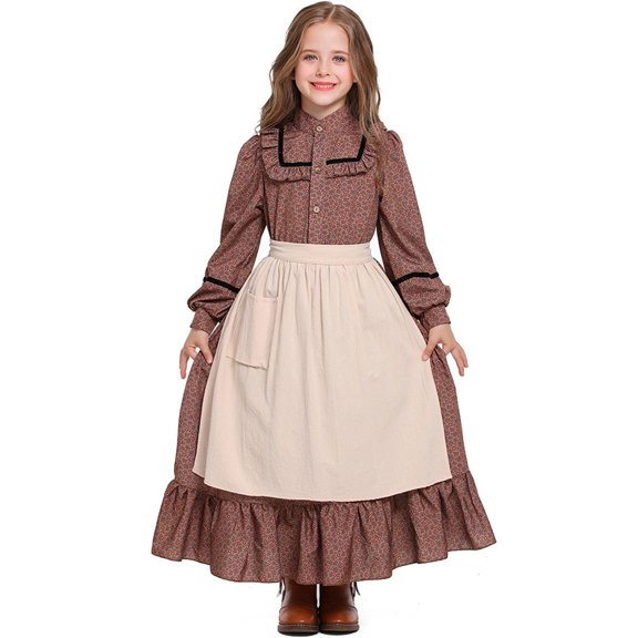 shoper Girls Floral Long Dress with Apron Vintage Country Style Festive Outfit for Autumn Celebrations and Casual Wear (4 13 Years) Brown M
