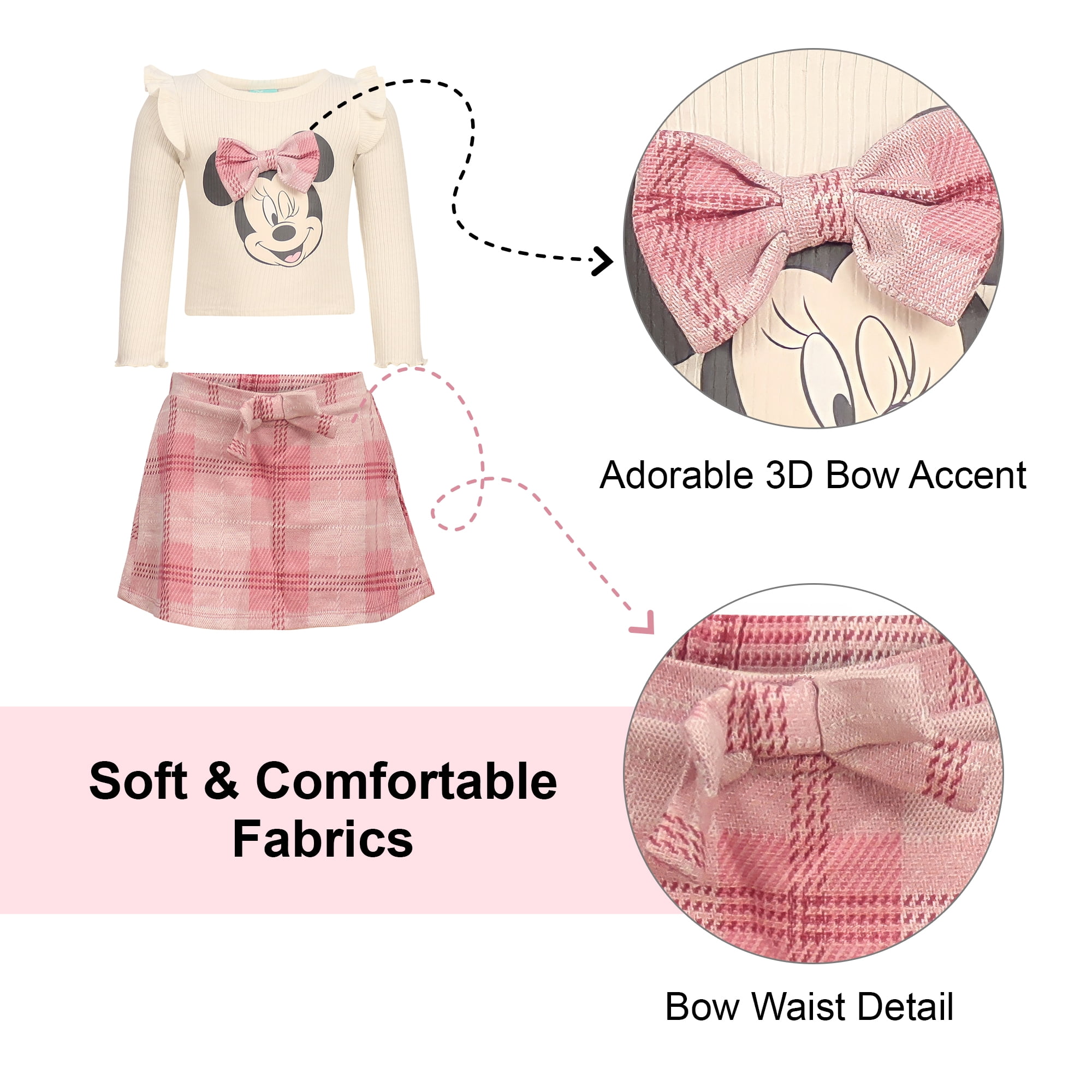 Disney Clothes Minnie Mouse Baby Girls 2-Piece Skirt Set – Long Sleeve Top & Plaid Skirt Outfit Set (12M–24M)