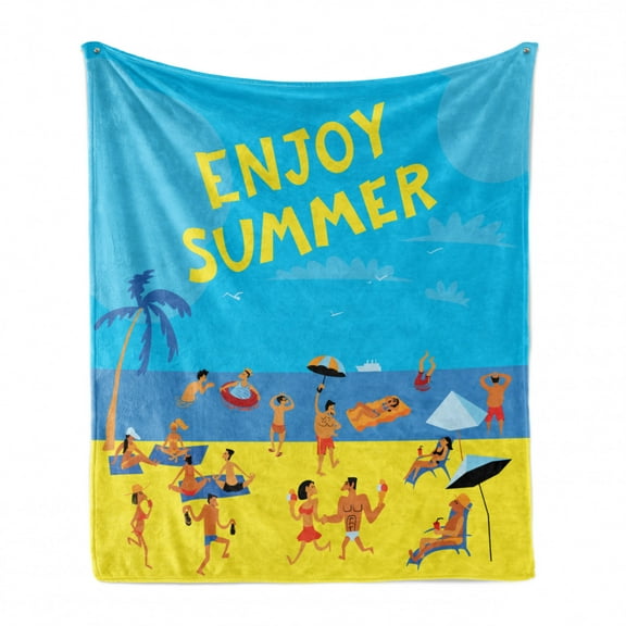 Hello Summer Soft Flannel Fleece Blanket, People Having Fun at a Tropical Beach Relaxing Summer Vacation Cartoon Style, Cozy Plush for Indoor and Outdoor Use, 60" x 80", Multicolor, by Ambesonne