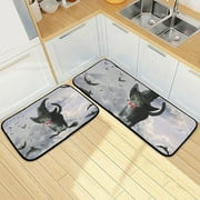 SKYSONIC Cool Cat Witch Kitchen Rugs 2 Pieces, Halloween Bat Floor Mat Room Area Rug Washable Carpet Perfect for Living Room Bedroom Entryway