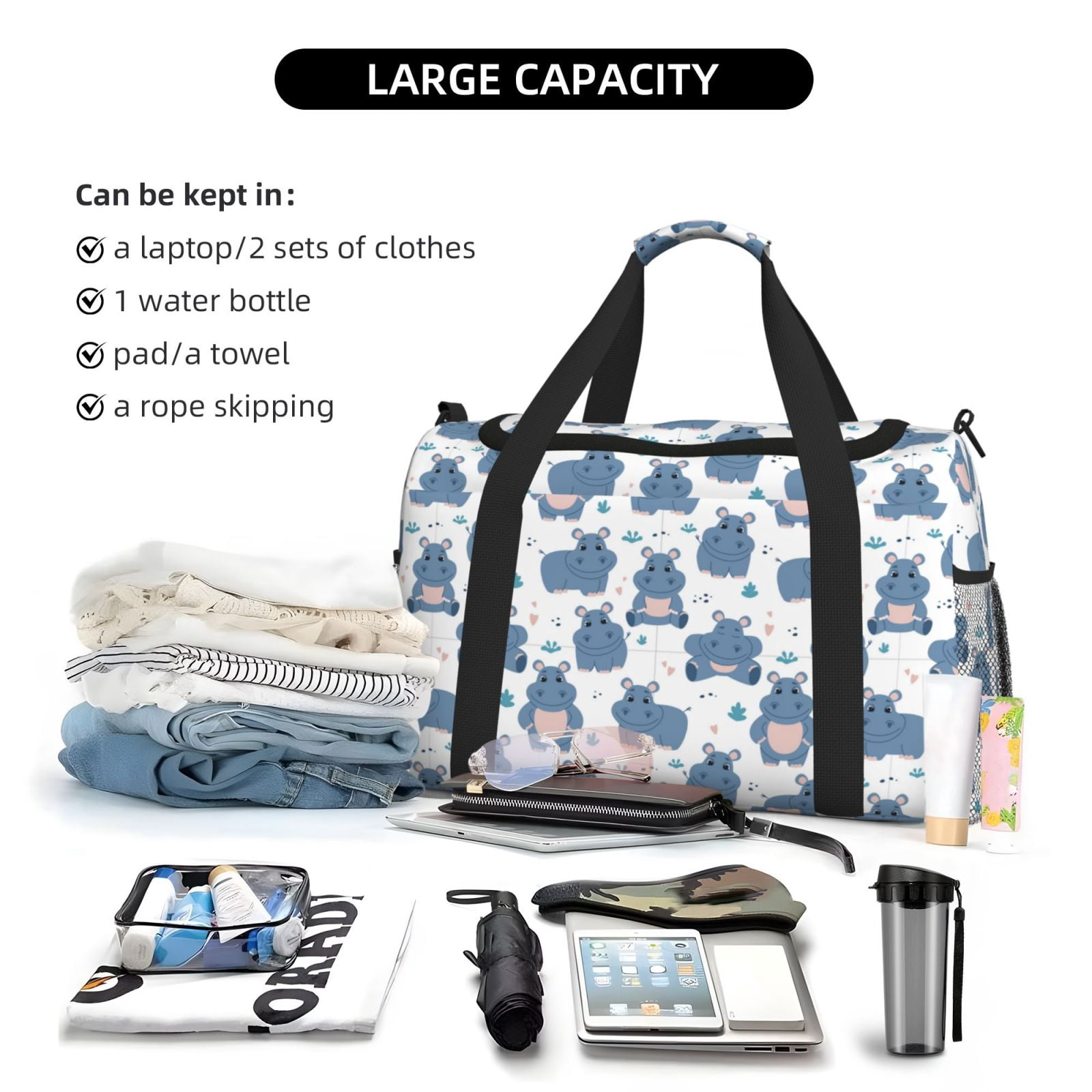 Horeoi Cute Hippos for Travel Duffle Bag with Adjustable Strap - Large Capacity Hand Carry for Gym Sports Outdoor