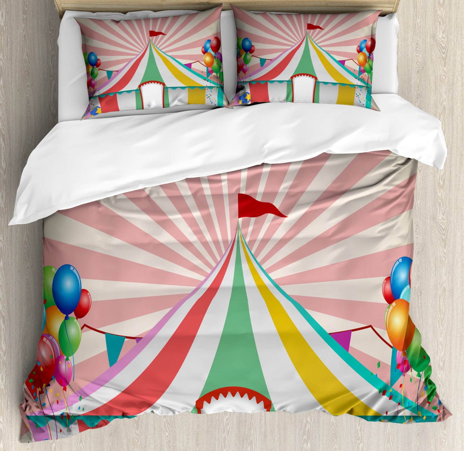 Circus Duvet Cover Set, Old Style Vintage Circus Tent with Balloons