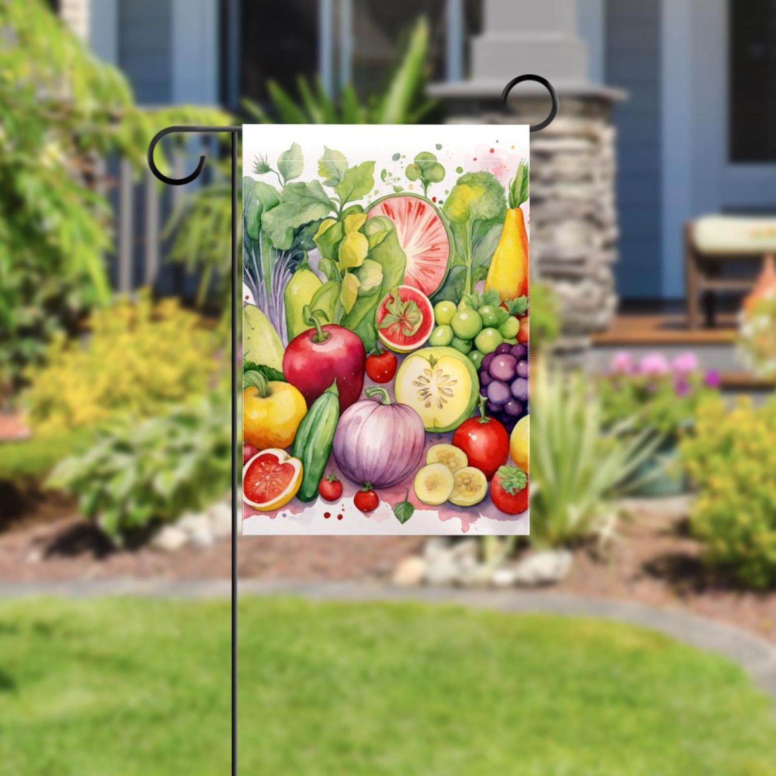 Watercolor Vegetables and Fruits Double Sided Garden Flag Decorative Weather Resistant Yard Flag, Large DIY Vertical Flag for Farmhouse Patio Lawn, 28x40 Inch