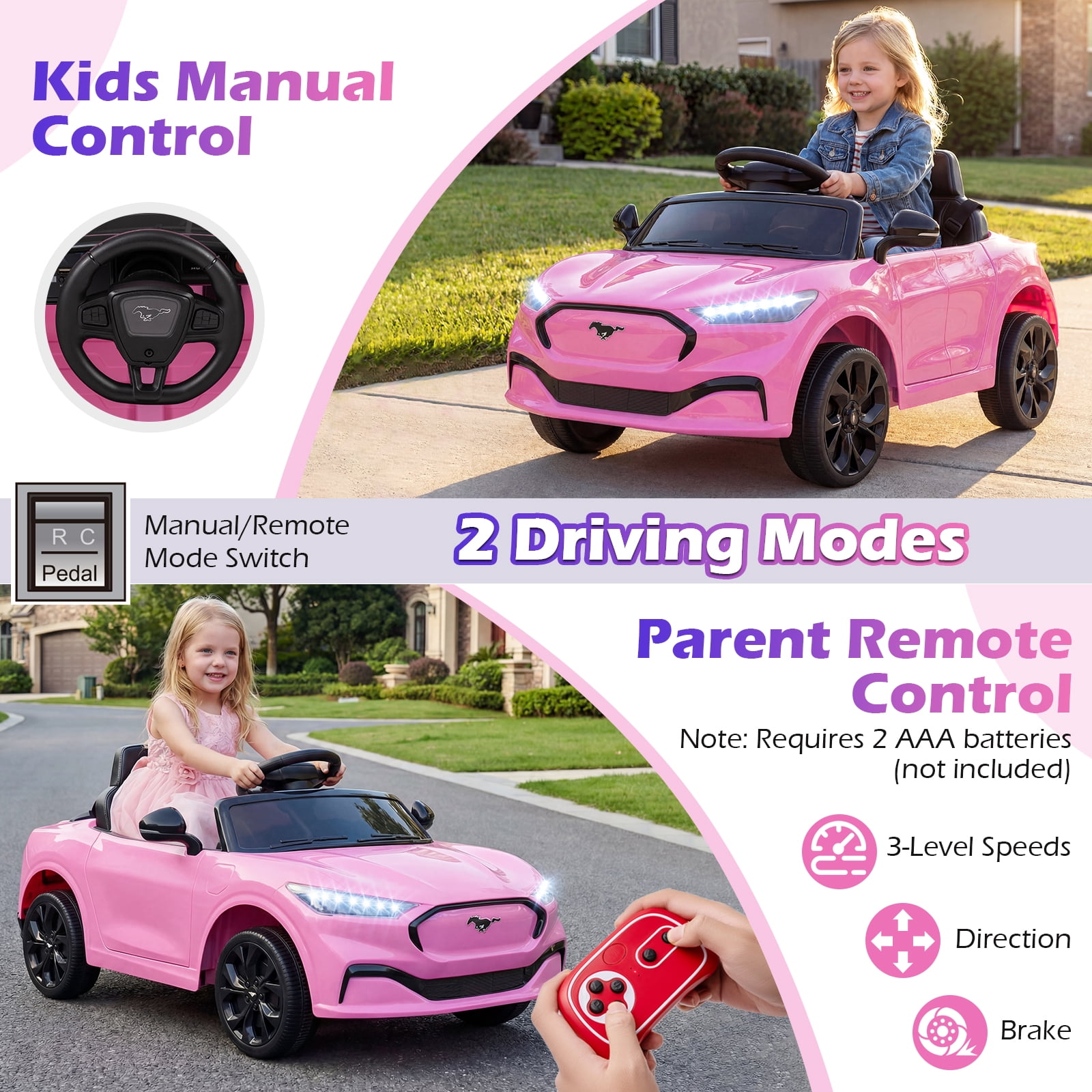 Gymax Licensed Ford Mach E Electric Vehicle w/Parent Control LED Lights Horn Music Pink