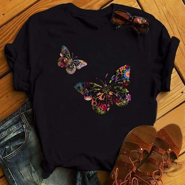 T-shirt Femme Imprimé Mode Fleur Papillon Manches Courtes Décontracté Haut Graphique
