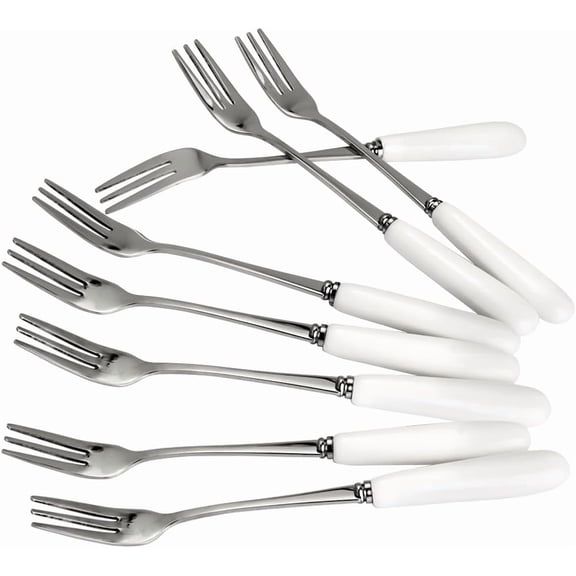 Fine Dessert Forks 18-10 Stainless Steel Fruit Forks (Creative White Ceramic Handle), 3-Tine, 6 inch, 8 Pcs