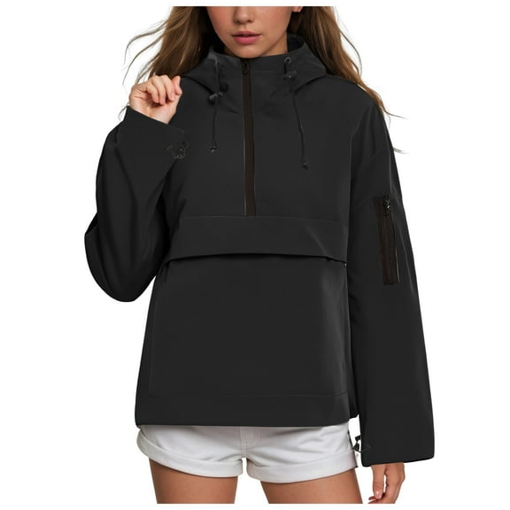 GEWSEY Women's Rain Jacket 1/4 Packable Lightweight Windbreaker Water-Resistant Pullover Jackets with Hood Hiking Travel (Black, S)