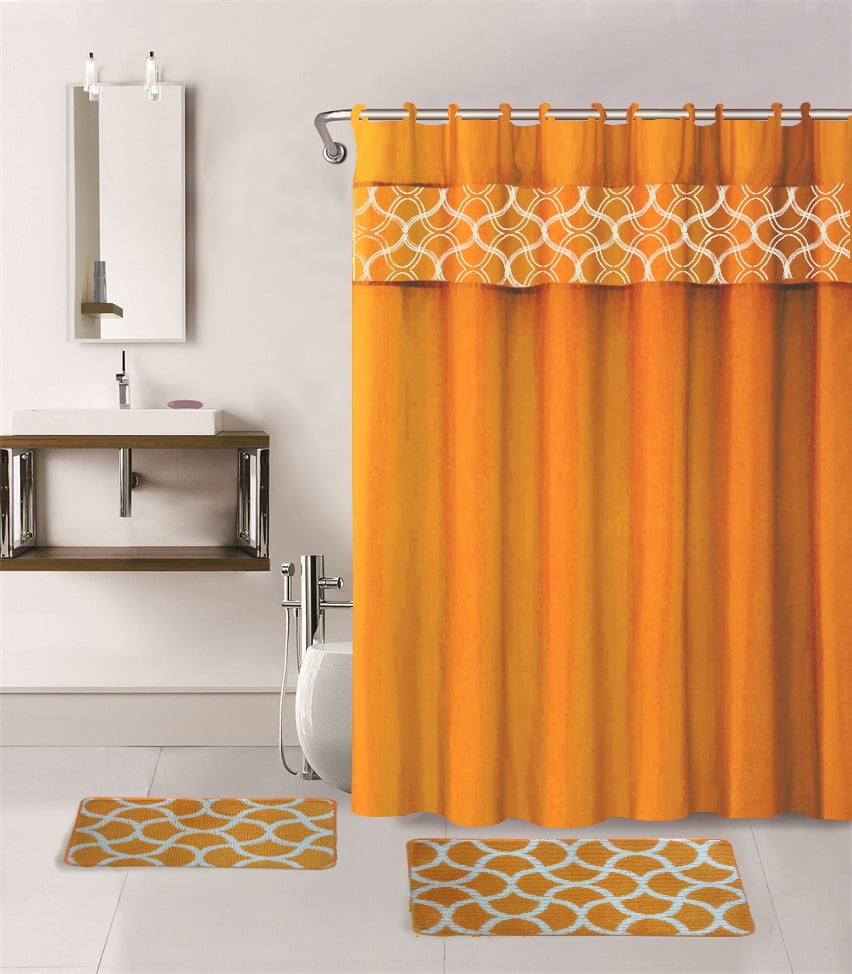 15-Piece Bathroom Set: 2-Rugs/Mats, 1 -Fabric Shower Curtain, 12-Fabric Covered Rings Non Slip Rugs Home Dcor Geometric Orange