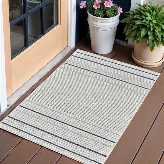 HomeRoots 558780 3 x 5 ft. Striped Distressed Indoor & Outdoor Rectangle Area Rug, Blue & Cream
