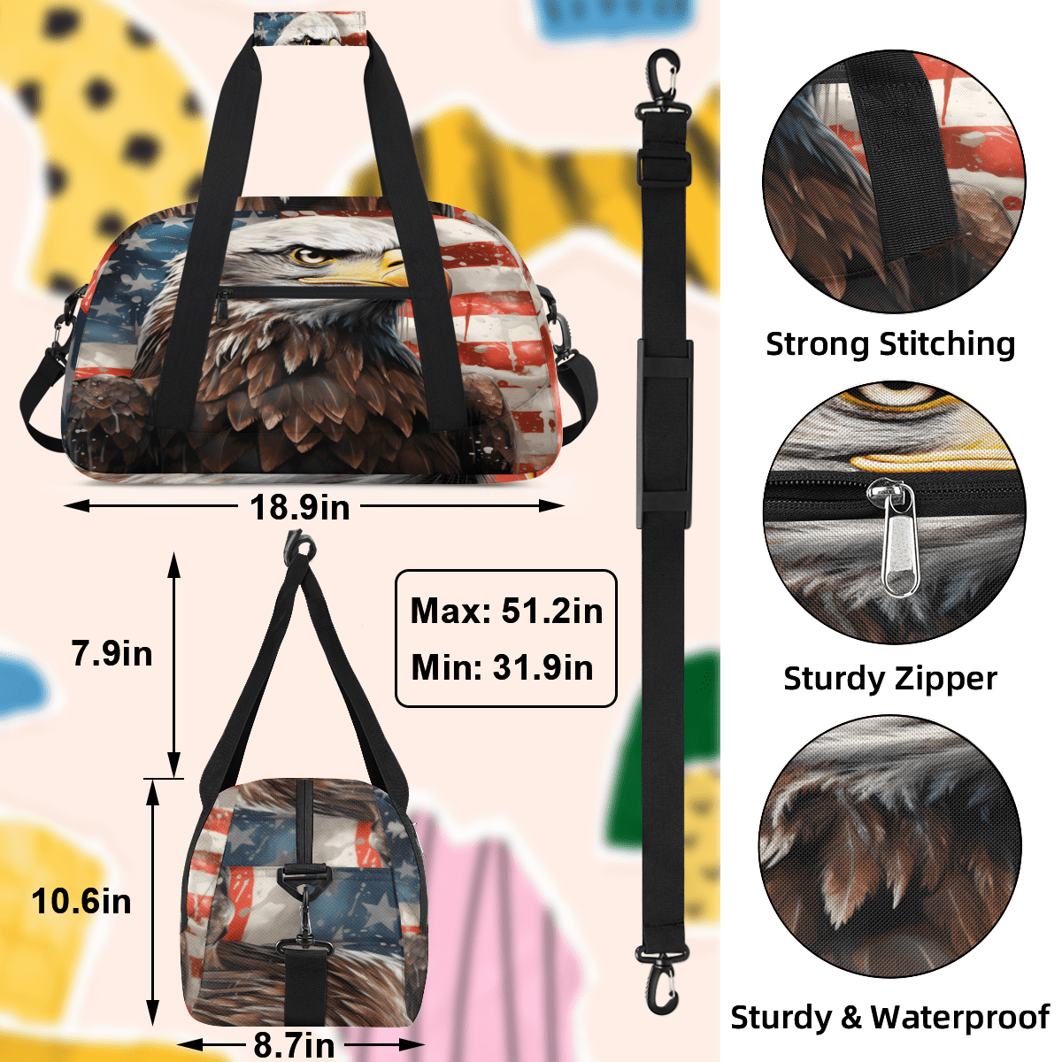 Herdesigns Patriotic Eagles Sports Duffle Bag for Women & Men, American Flag Gym Bag Dance Bag Overnight Bag Carry On Weekender Travel Bag