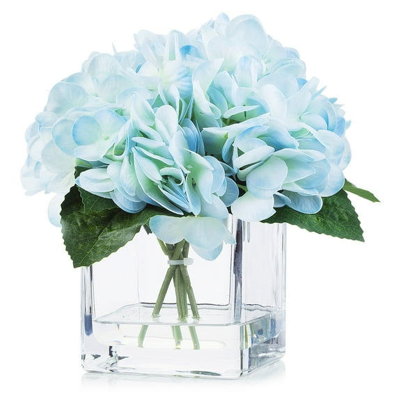 Enova Home Artificial Real Touch Silk Hydrangea Flowers Arrangement in Cube Glass Vase With Faux Water For Home Office Decoration (Light Blue)