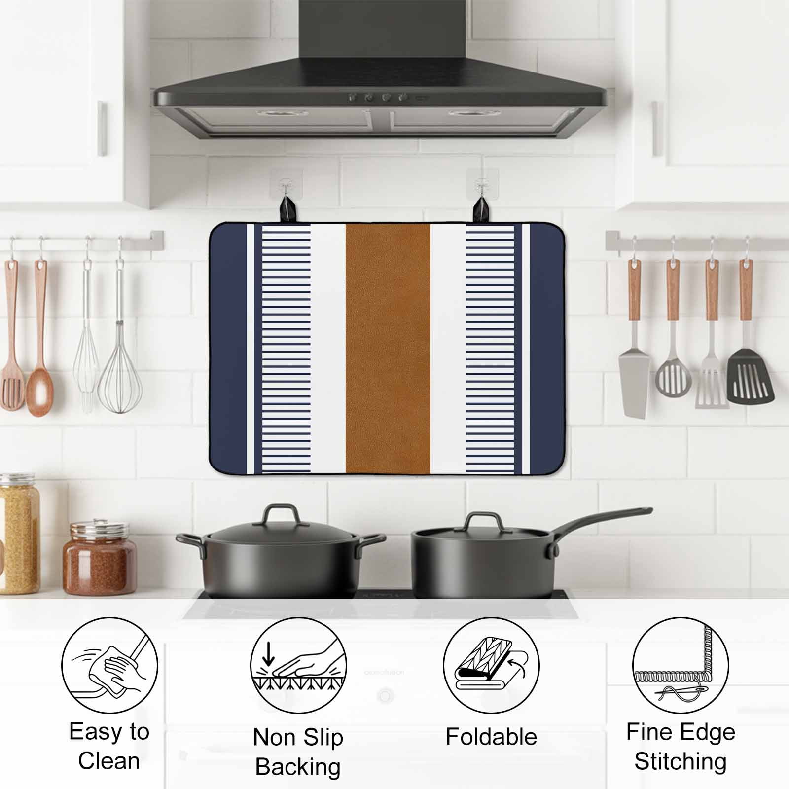 Modern Brown Blue Stove Top Cover for Electric Stove, Heat-proof & Non Slip Glass Top Stove Cover Protector, Boho Contemporary Geometric Striped Kitchen Flat Cooktop Rubber Mat 31x24 Inches