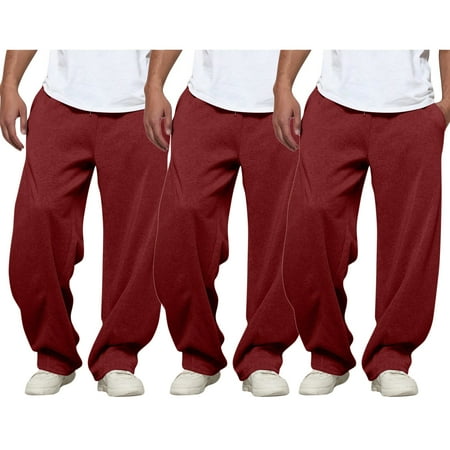 3PC Pack Trousers For Men Solid Color Drawstring Pockets Long Pants Elastic Waist Baggy Breathable Comfort Pants