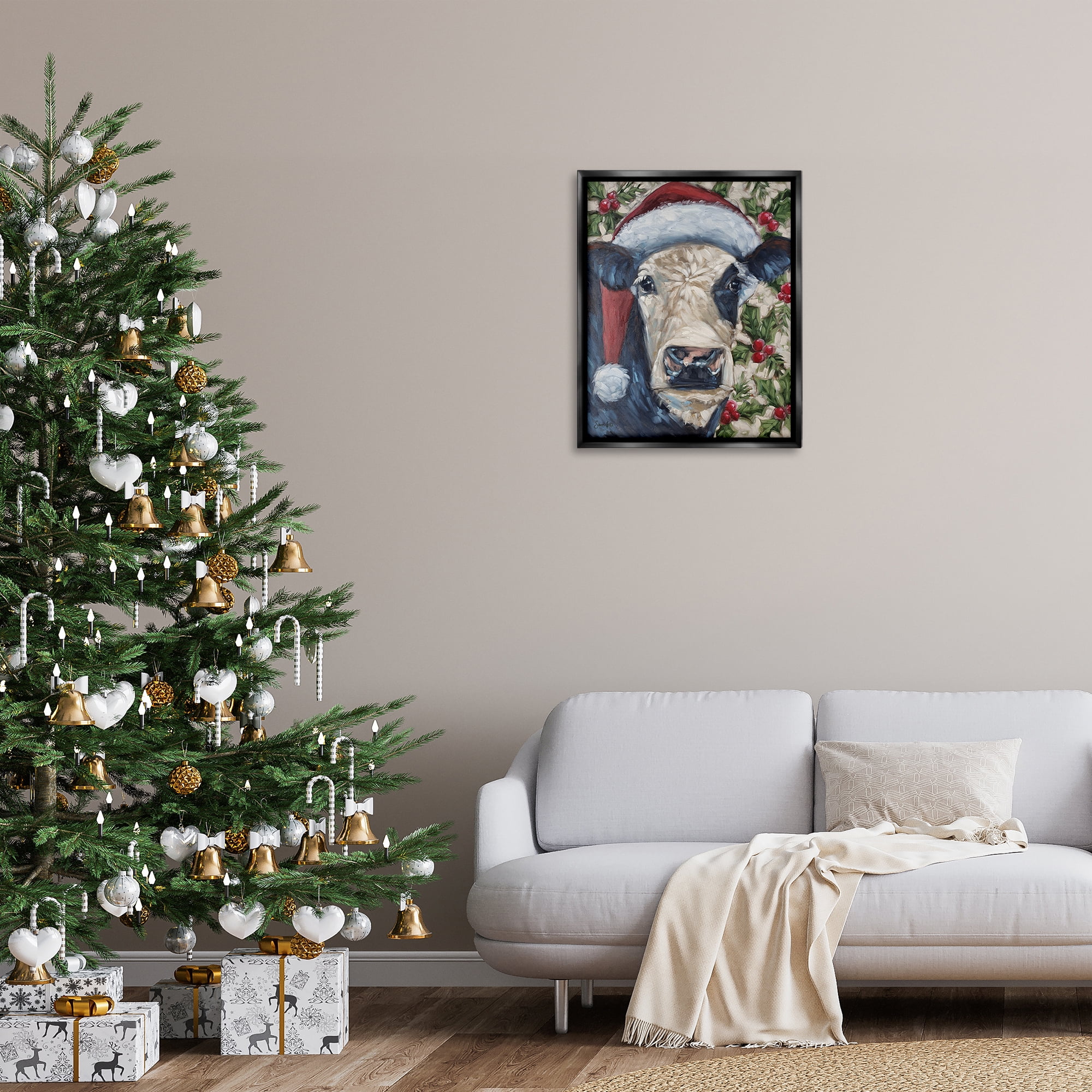 Stupell Industries Cow with Festive Holly Holiday Painting Black Floater Framed Art Print Wall Art, 25 x 31