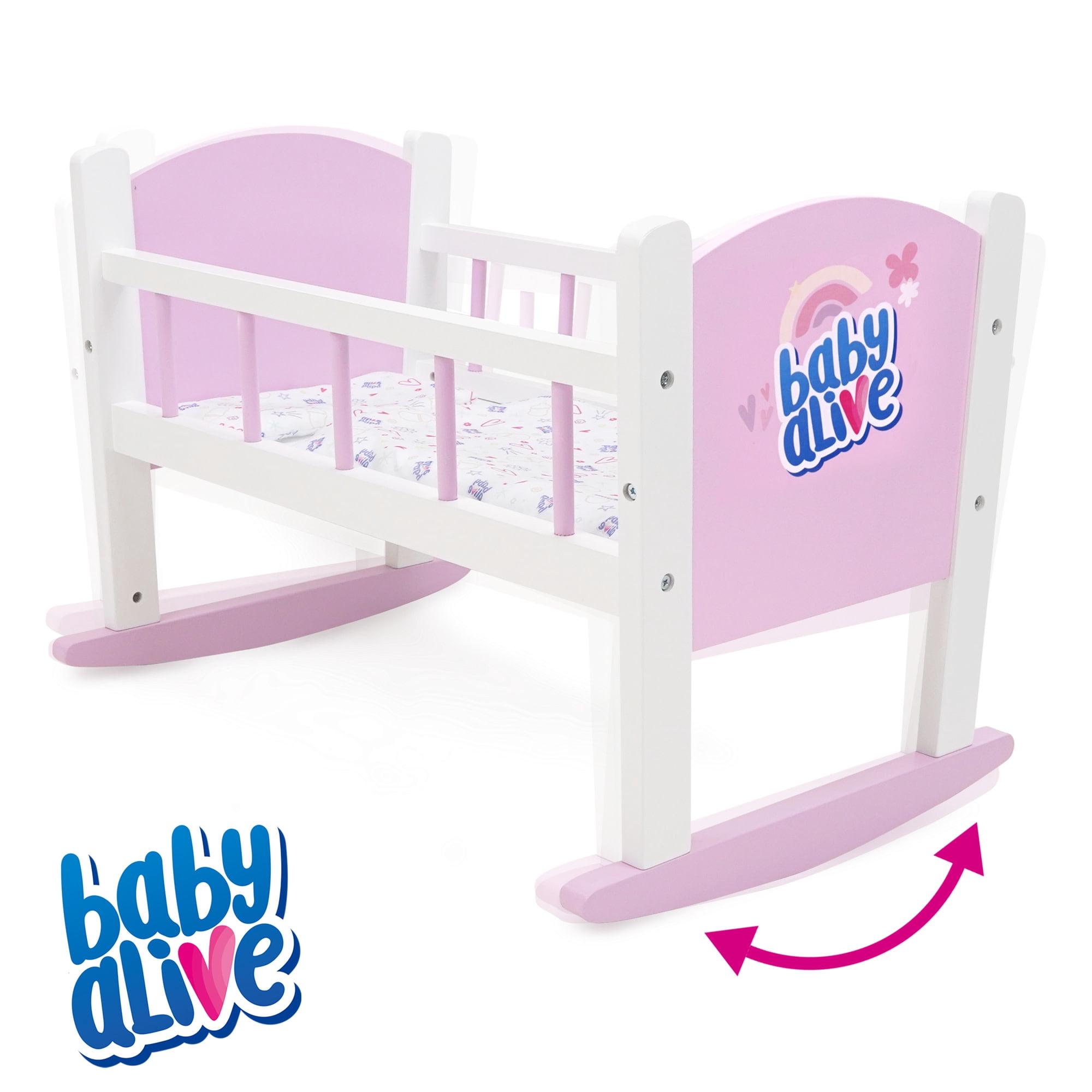 509 Crew: Baby Alive - Wooden Doll Cradle - Pink-White-Purple, Rocking Bed, Pillow & Blanket, Doll & Plush Sleeping Accessory, Roleplay Toy, Kids 3+