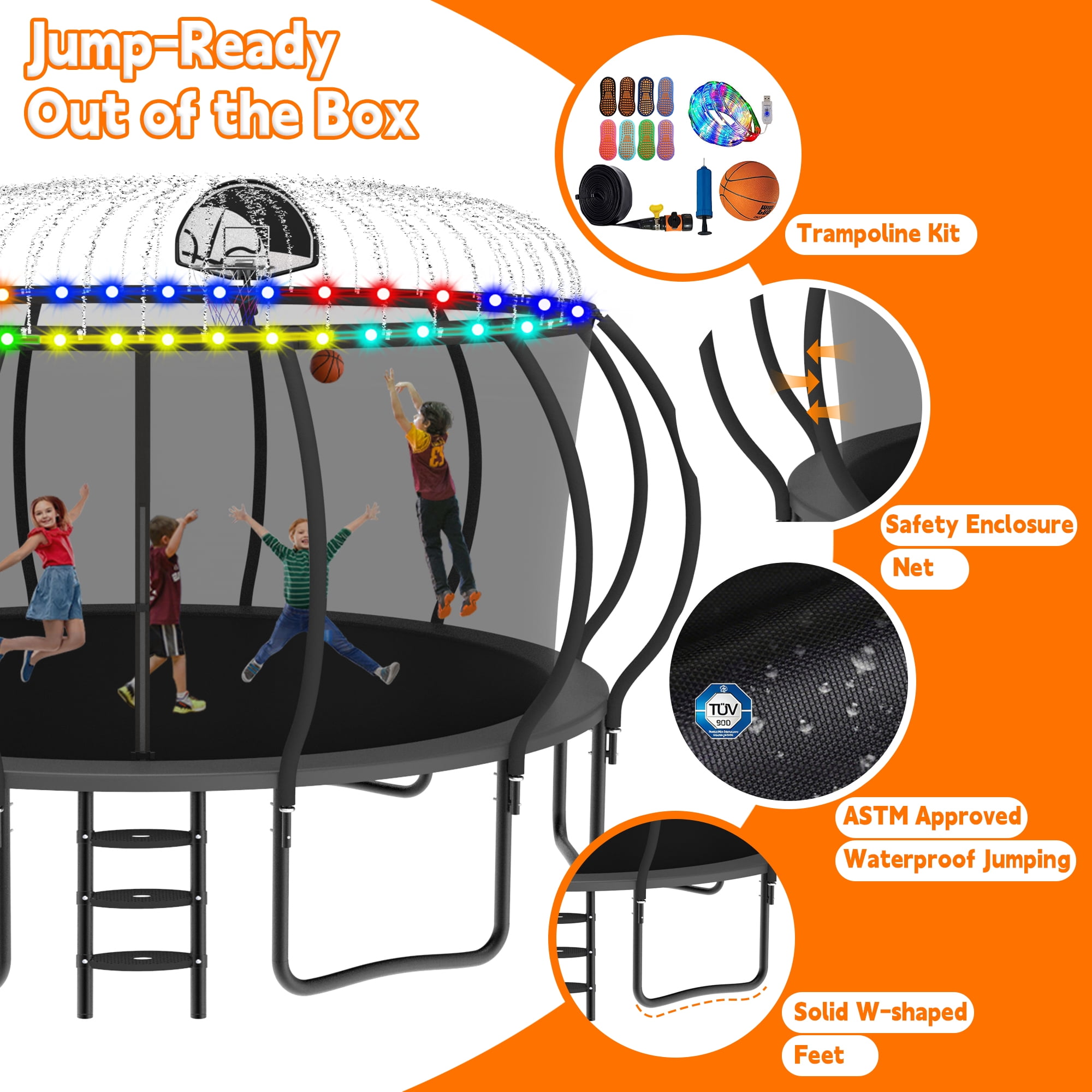 DeepRoar 2026 Upgraded 10FT Trampoline for Kids, Heavy Duty 1000LBS Outdoor Trampoline Set with Enclosure, Basketball Hoop, Light and Sprinkler, Recreational Trampolings for Backyard