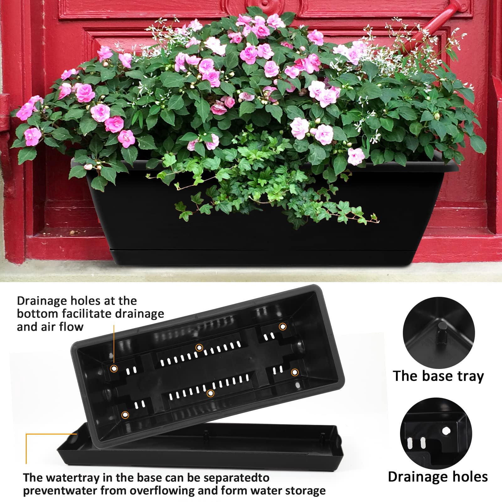 8pcs Window Box Planter, 17 Inches Flower Window Boxes, Rectangle Planters Box with Drainage Holes and Trays, Plastic Vegetable Planters for Windowsill Patio Garden Home Decor Porch Yard (Grey)